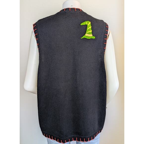 Tiara Vintage Halloween Sweater Vest Large Black Orange Green Pumpkins Cats - Picture 10 of 13